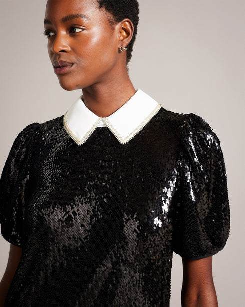 ZARELL-Dresses-ZARELL makes a statement. Adorned with glistening sequins, this shift dress takes glam to the next level. A contrasting collar embellished with diamantés completes the look. Mini shift dress All-over sequins Classic collar with diamanté trim Button fastening with keyhole cut-out Silvia is 5'11" / 1.8m and wears Grey in a Ted size 1- Ted Baker Romania